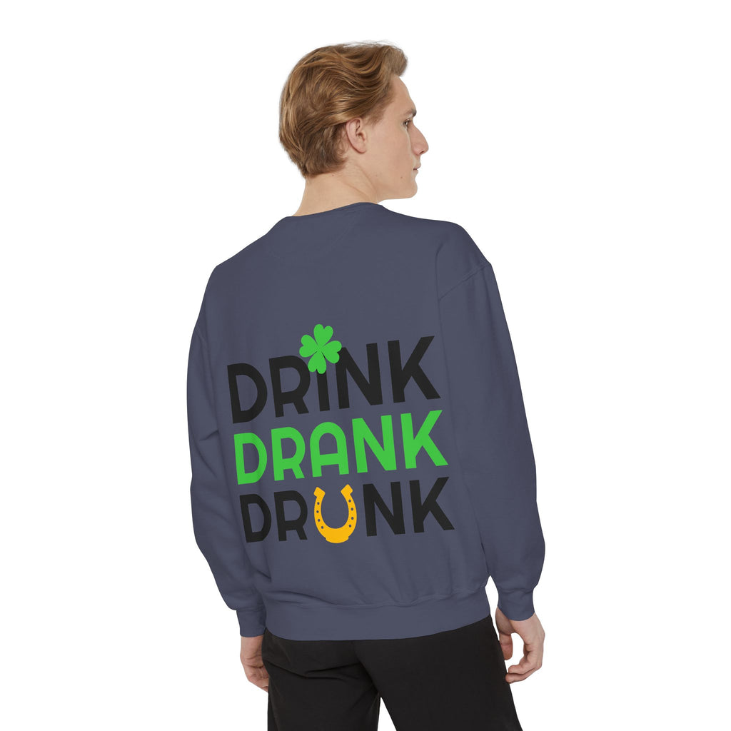 Drink Drank Drunk Sweatshirt — St. Patrick’s Day Shamrock & Horseshoe Crewneck