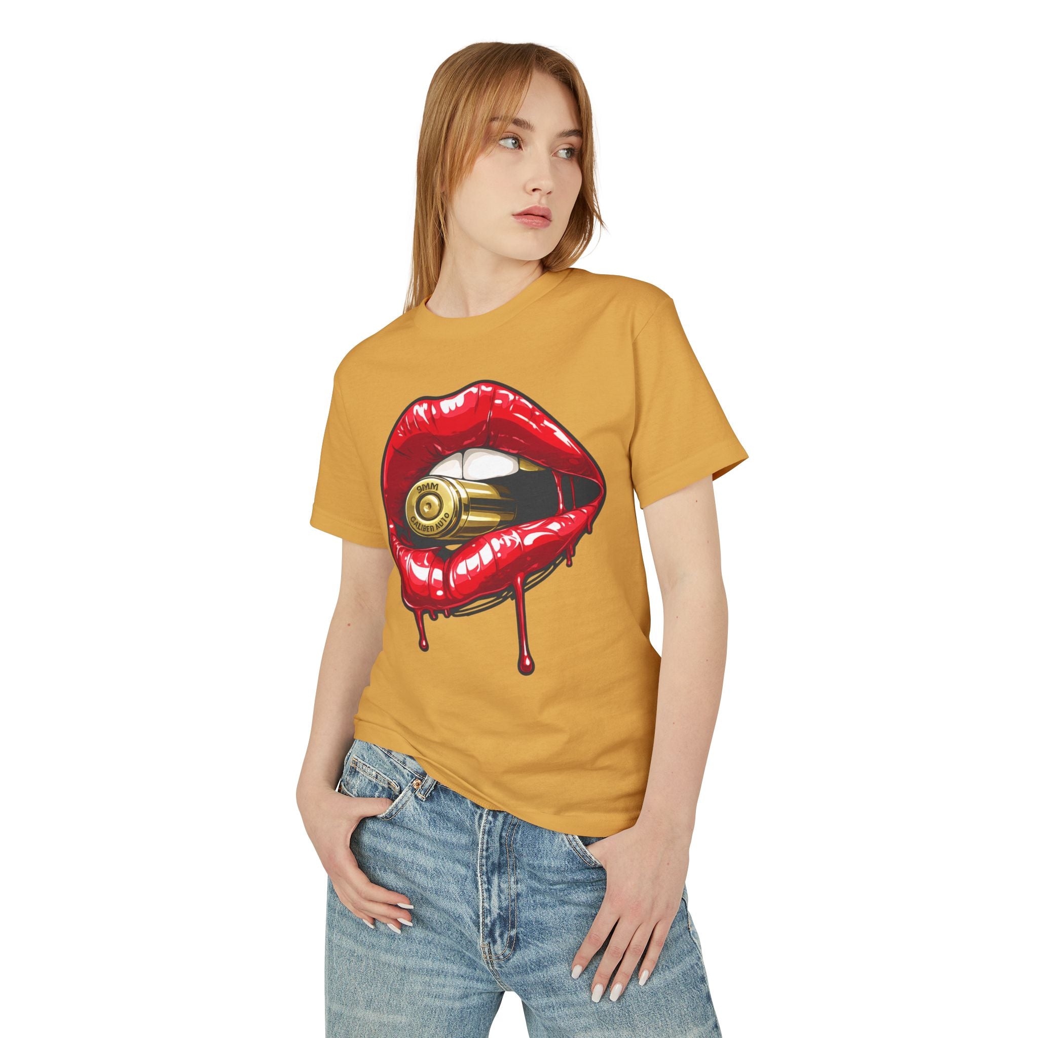 Graphic Tee — Red Dripping Lips Holding Bullet | Edgy Streetwear T-Shirt