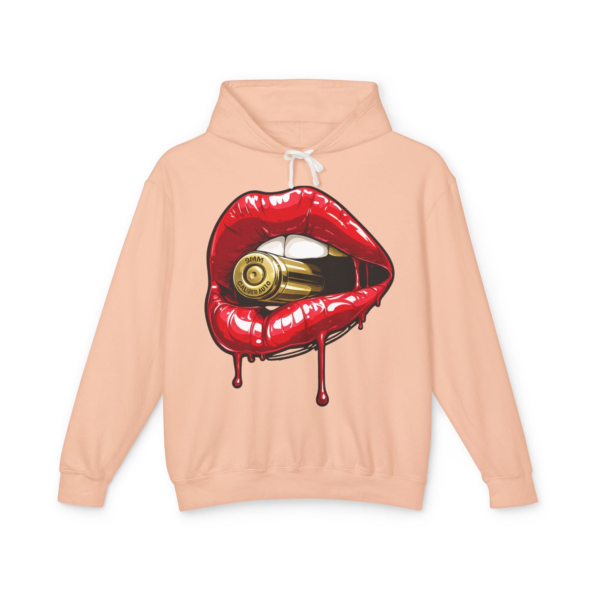 Graphic Hoodie — Red Dripping Lips Holding Bullet Print
