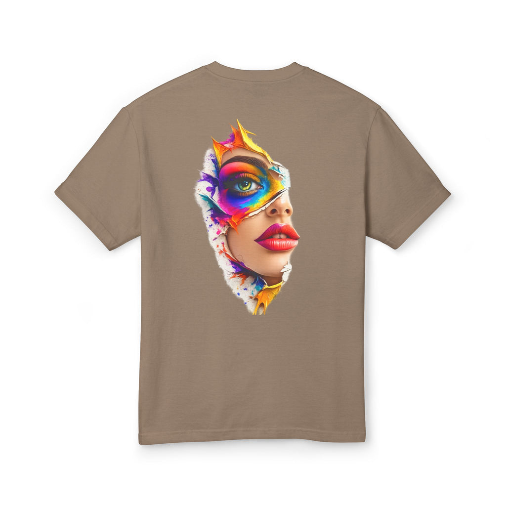 Artistic Masked Face Graphic Tee — Colorful Women's Portrait T-Shirt
