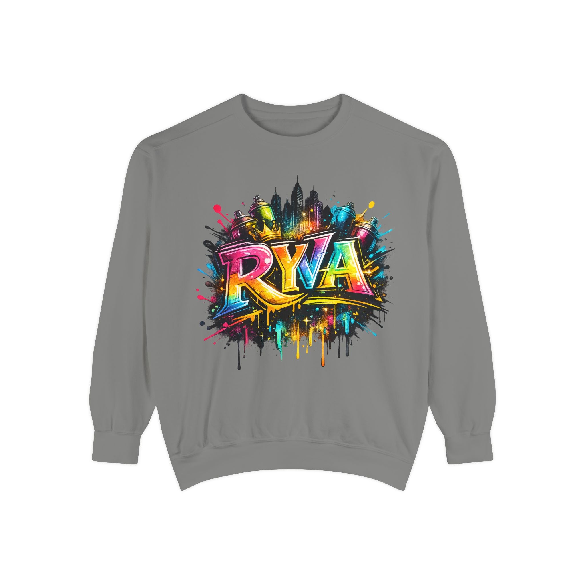 Graffiti Skyline Sweatshirt — Colorful "RYA" Urban Streetwear Crewneck