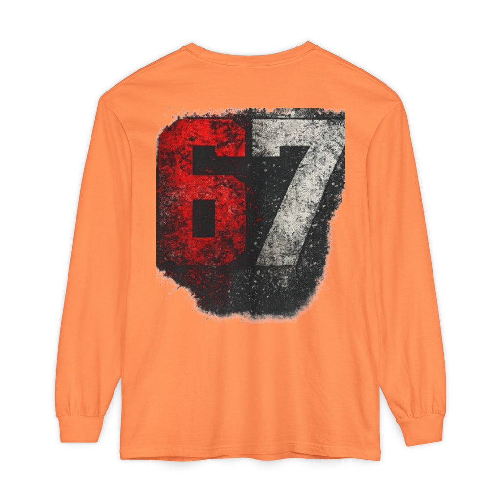 67 Graphic Long Sleeve T-Shirt — Distressed Red & Black Number Backprint