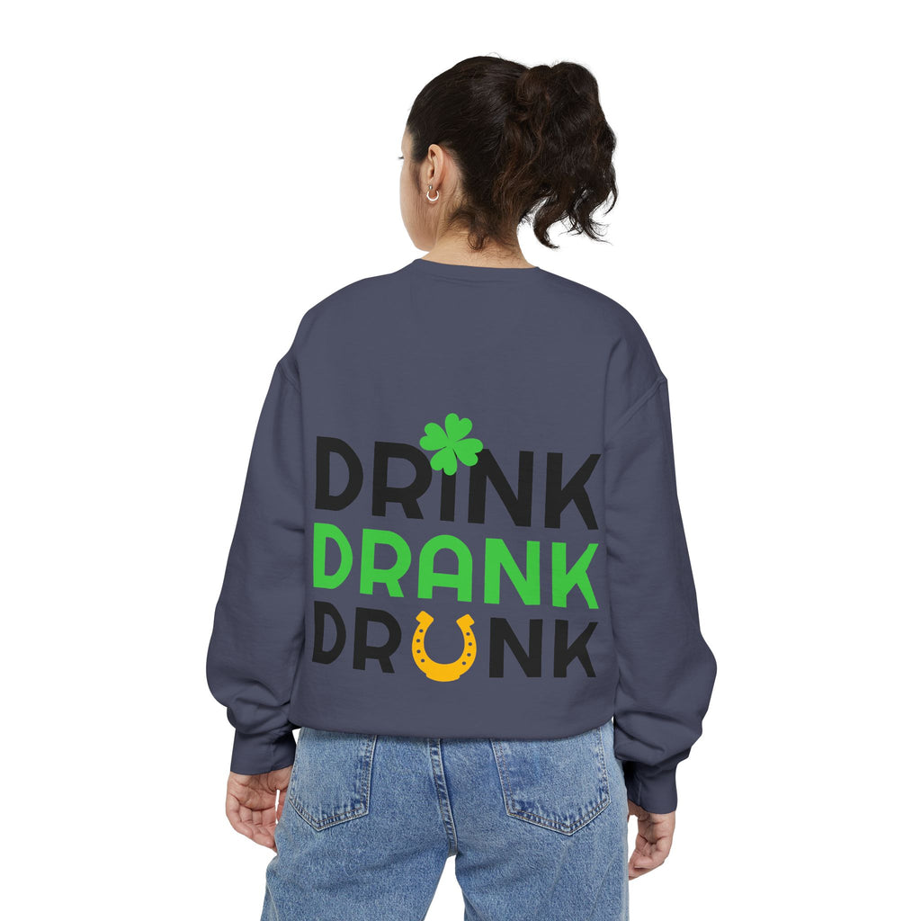 Drink Drank Drunk Sweatshirt — St. Patrick’s Day Shamrock & Horseshoe Crewneck