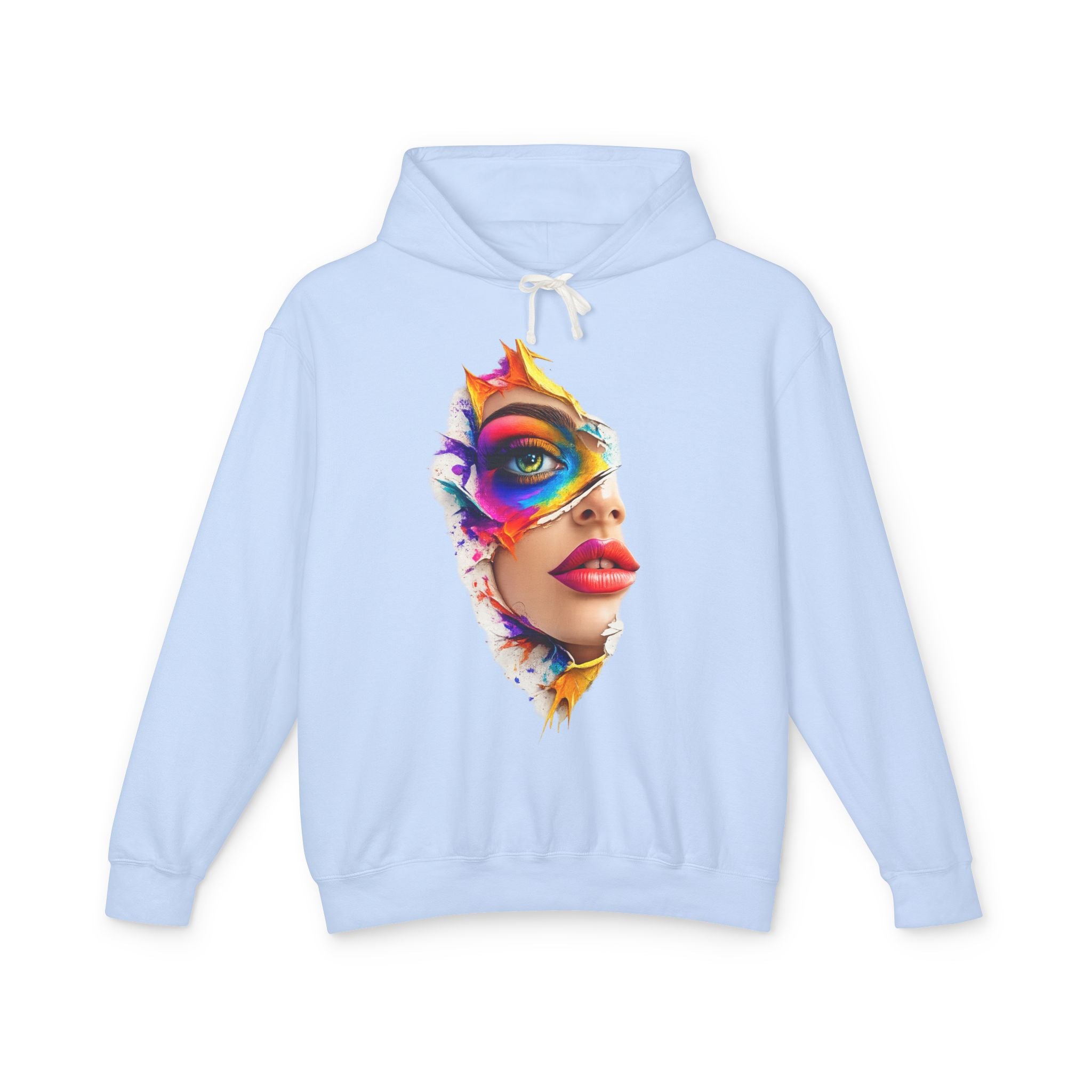 Colorful Masked Woman Art Hoodie — Vibrant Abstract Face Print