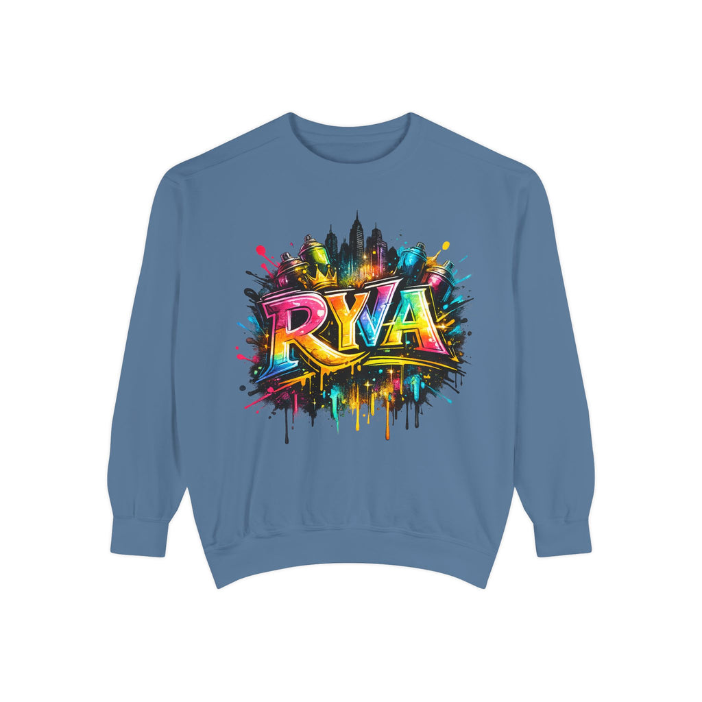 Graffiti Skyline Sweatshirt — Colorful "RYA" Urban Streetwear Crewneck