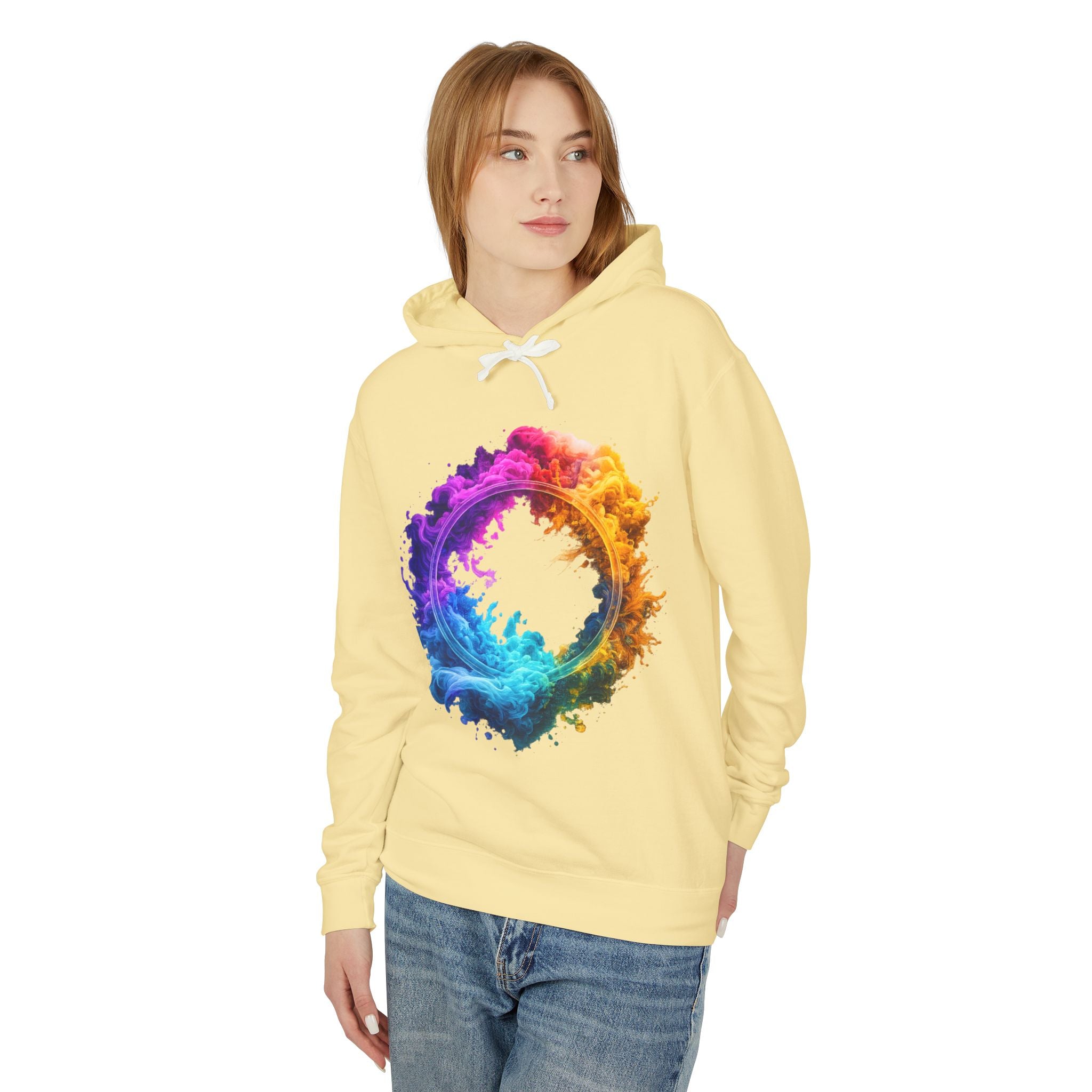 Color Burst Circle Hoodie — Vibrant Rainbow Splash Graphic Sweatshirt