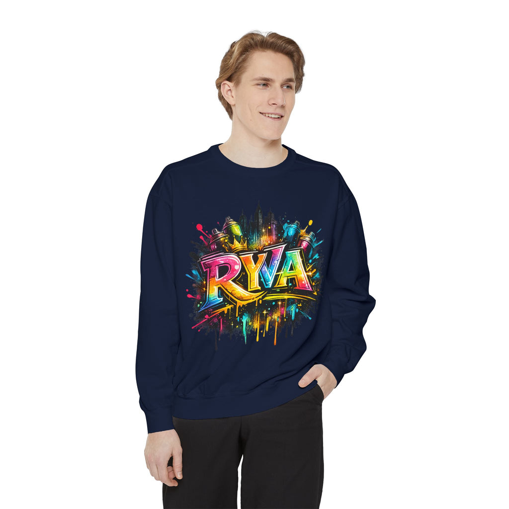 Graffiti Skyline Sweatshirt — Colorful "RYA" Urban Streetwear Crewneck