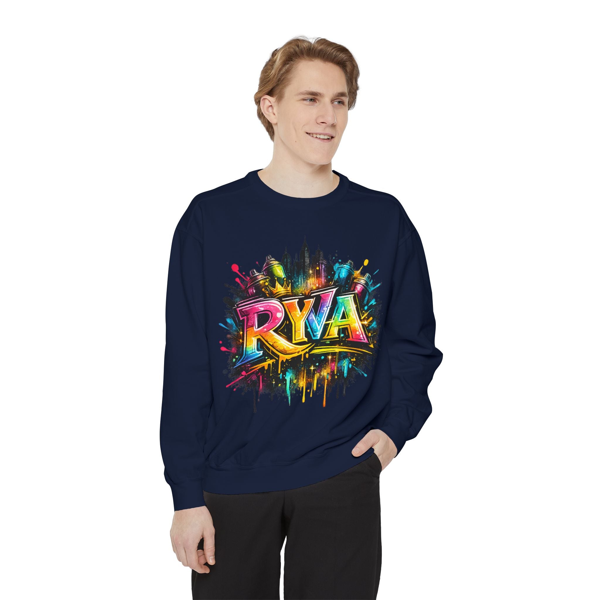 Graffiti Skyline Sweatshirt — Colorful "RYA" Urban Streetwear Crewneck