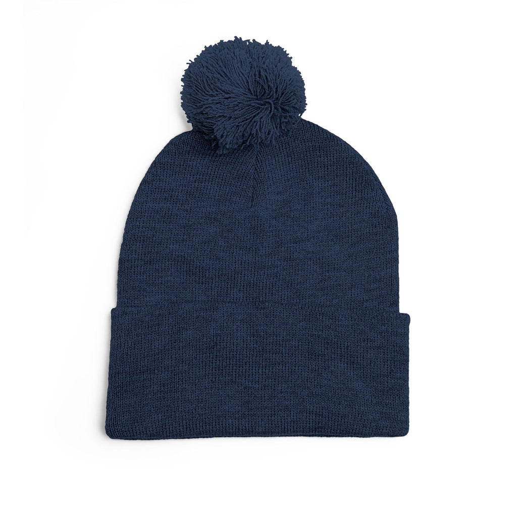 Embroidered Pom-Pom Knit Cap — Cozy Winter Beanie with Fold-Over Cuff