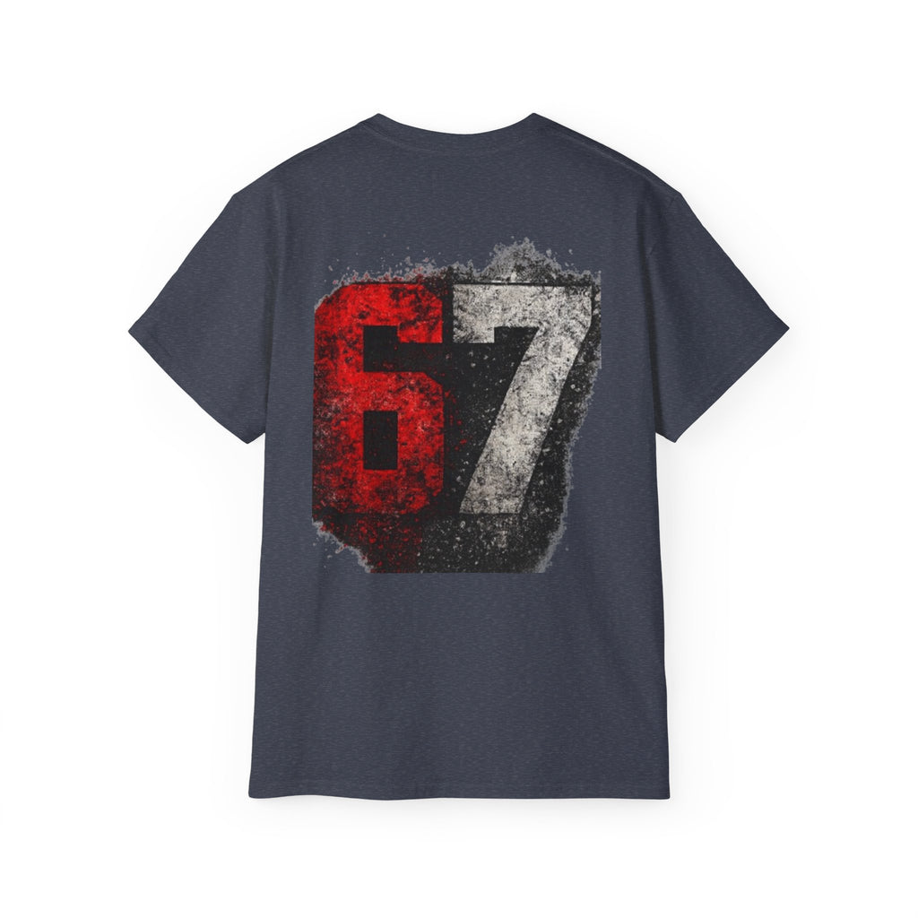 67 Distressed Racing Number Tee — Vintage Red & Gray Graphic T‑Shirt