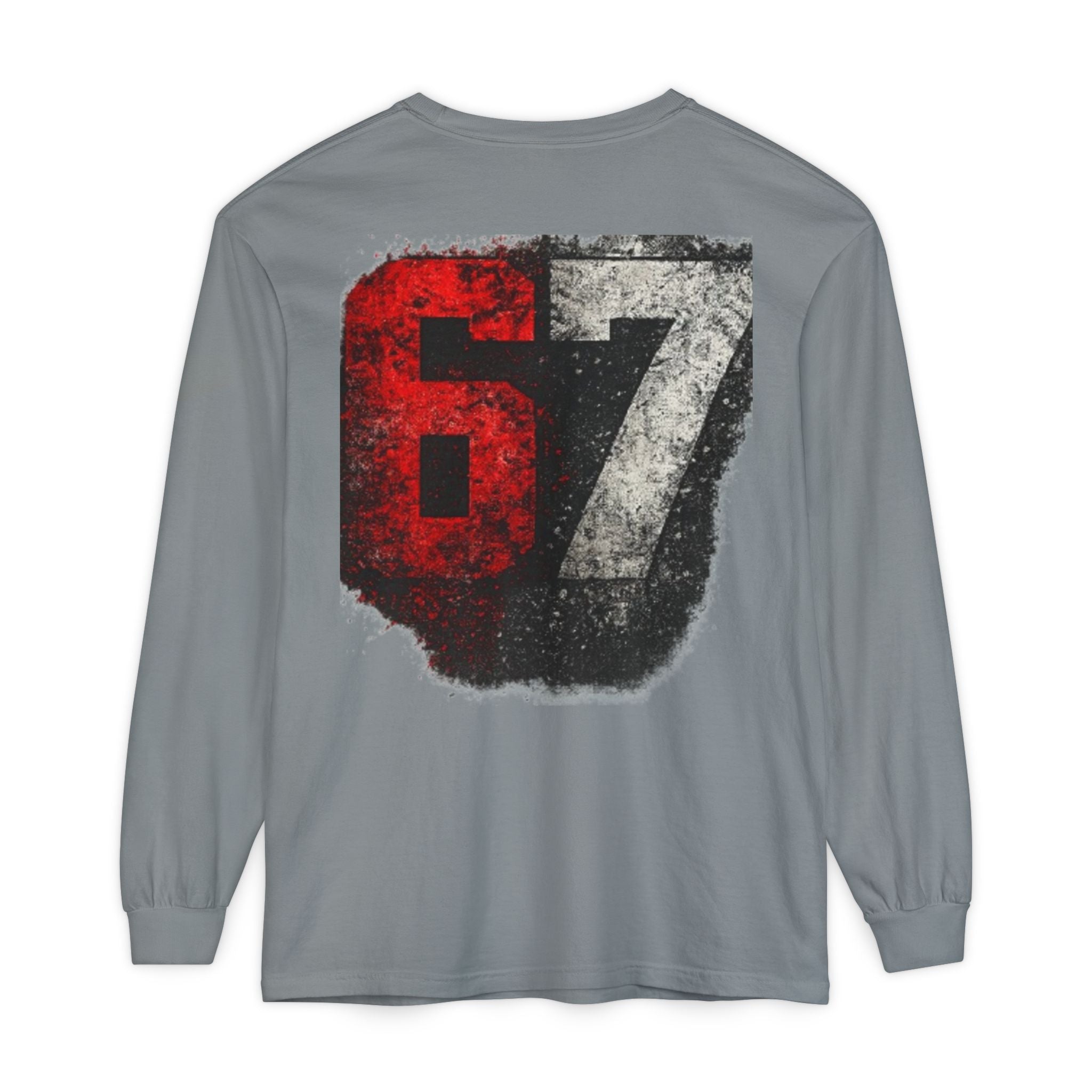 67 Graphic Long Sleeve T-Shirt — Distressed Red & Black Number Backprint