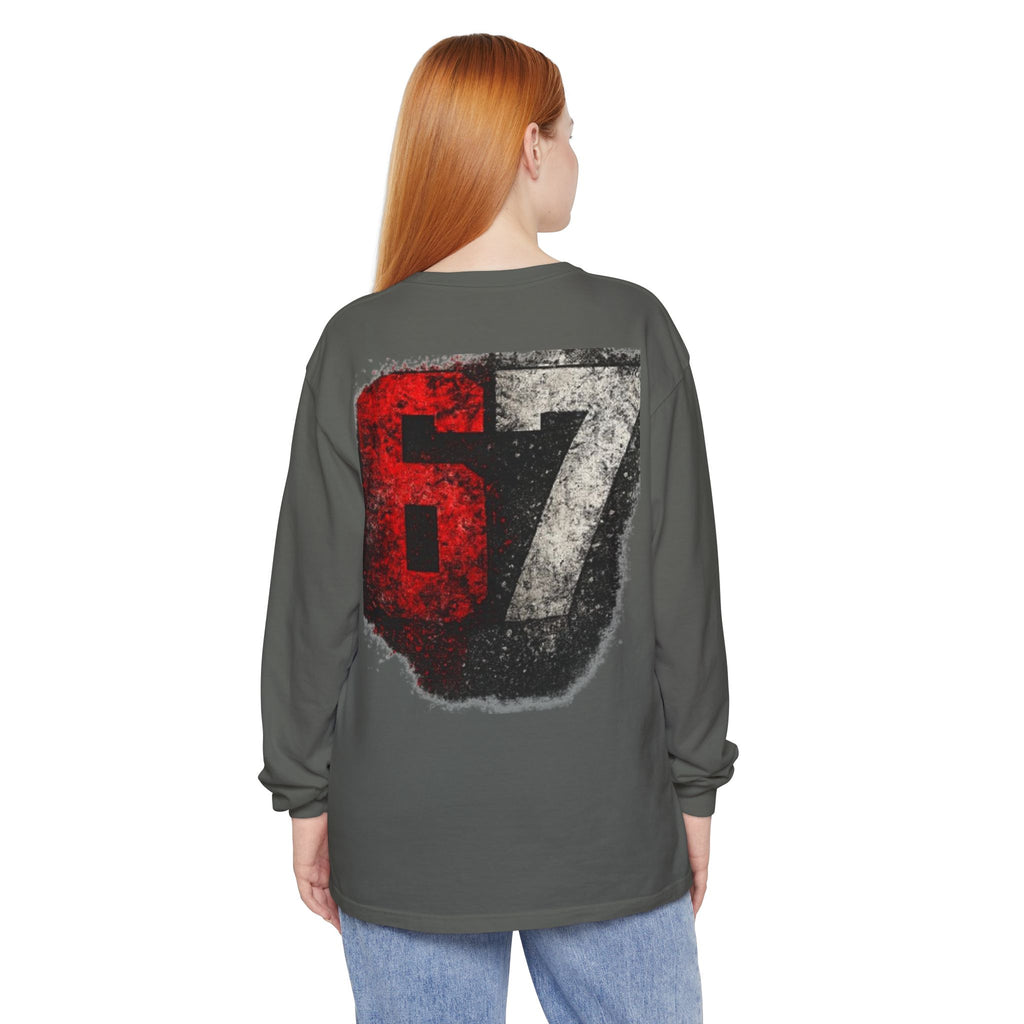 67 Graphic Long Sleeve T-Shirt — Distressed Red & Black Number Backprint