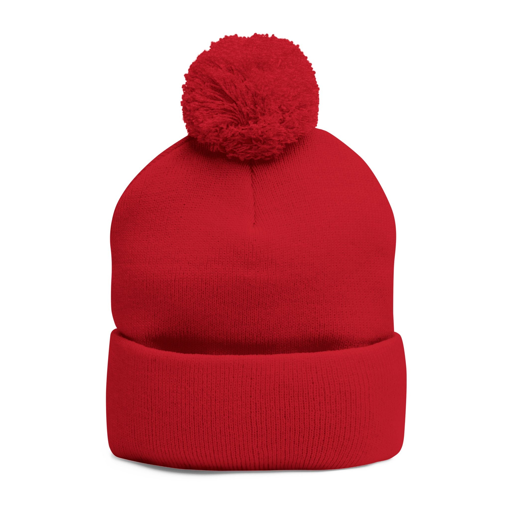 Embroidered Pom-Pom Knit Cap — Cozy Winter Beanie with Fold-Over Cuff