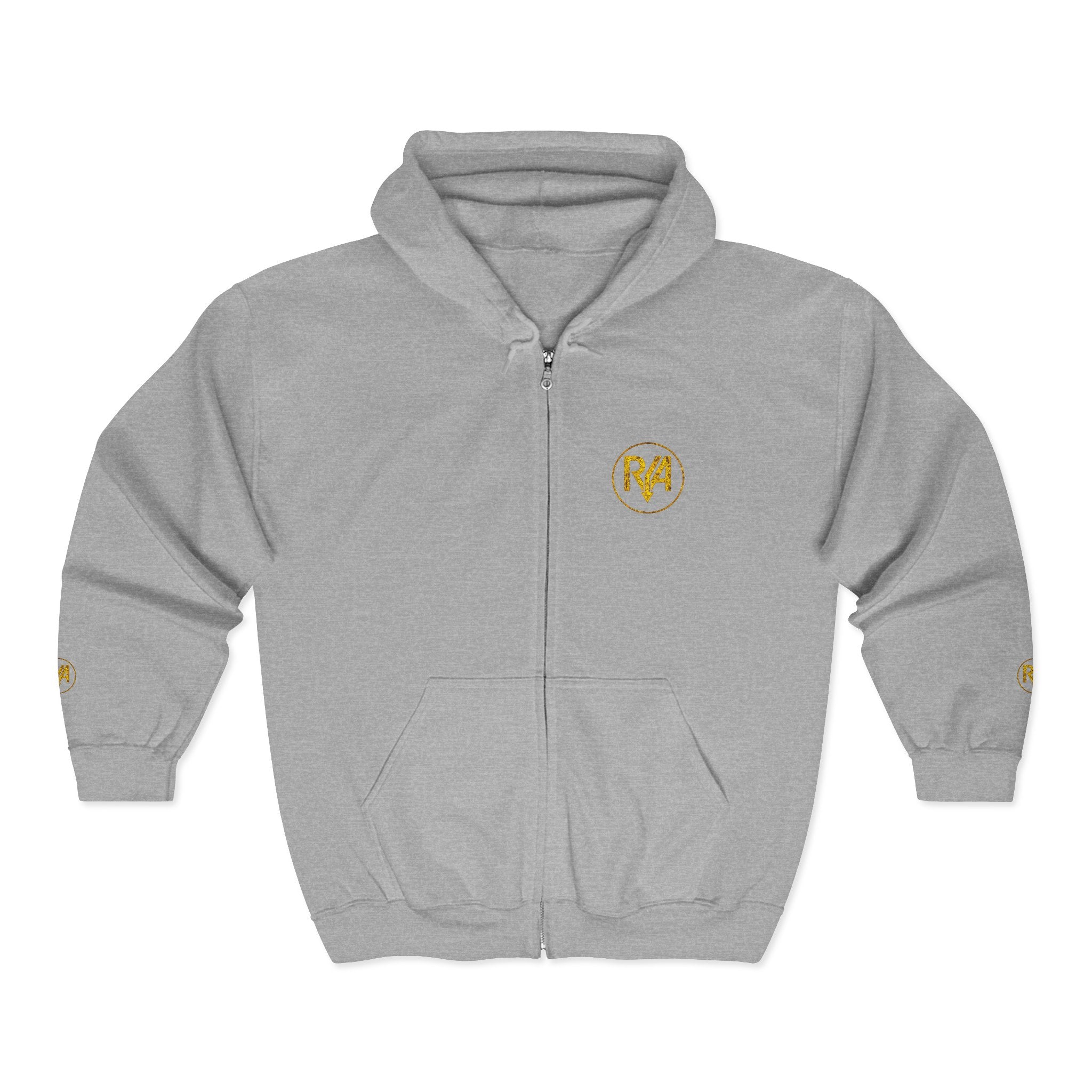 Hustle Logo Zip Hoodie — Vintage Gold 'Hustle' Graphic Full-Zip Sweatshirt
