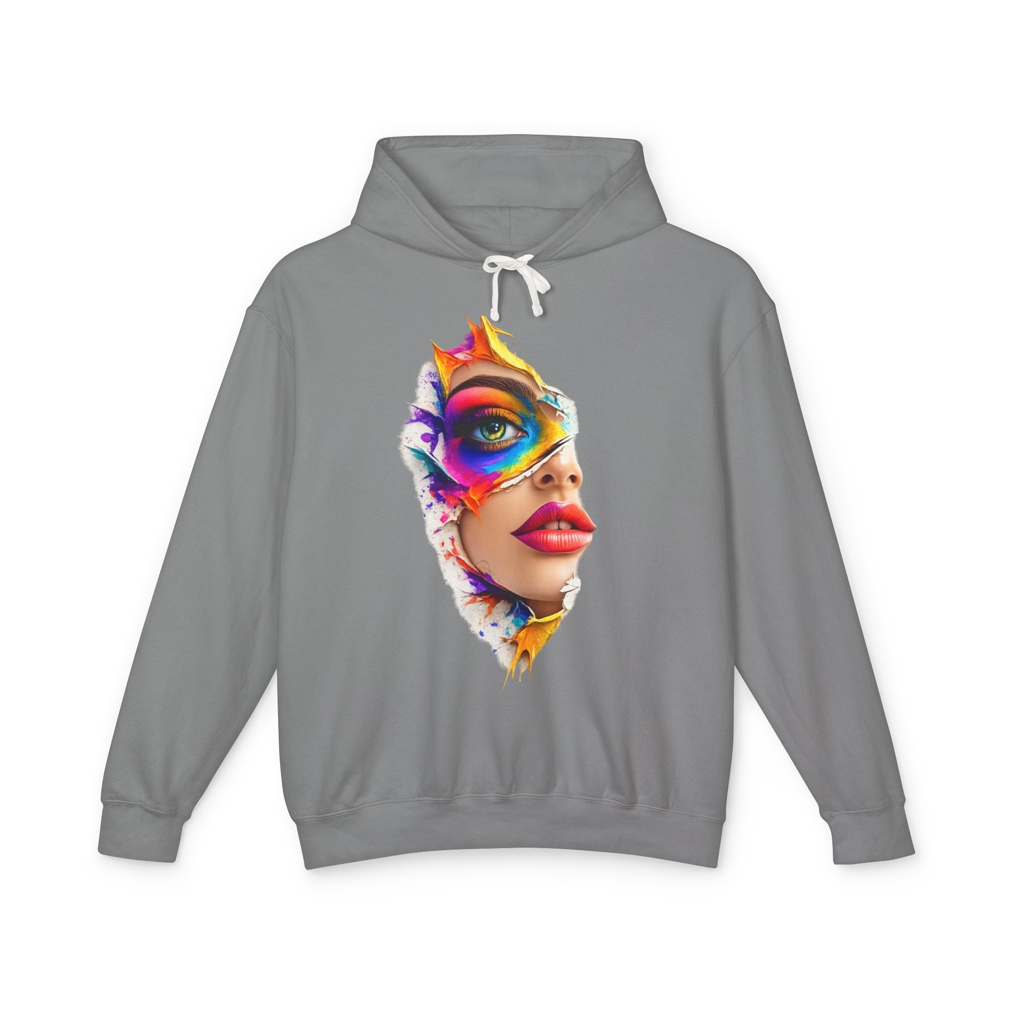Colorful Masked Woman Art Hoodie — Vibrant Abstract Face Print