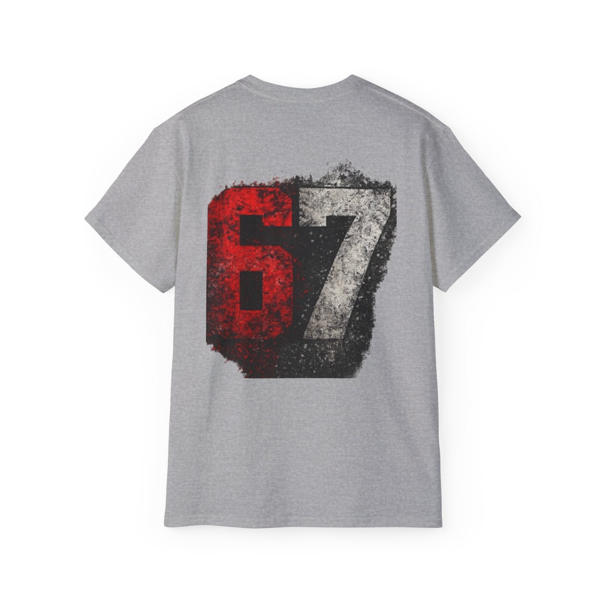 67 Distressed Racing Number Tee — Vintage Red & Gray Graphic T‑Shirt