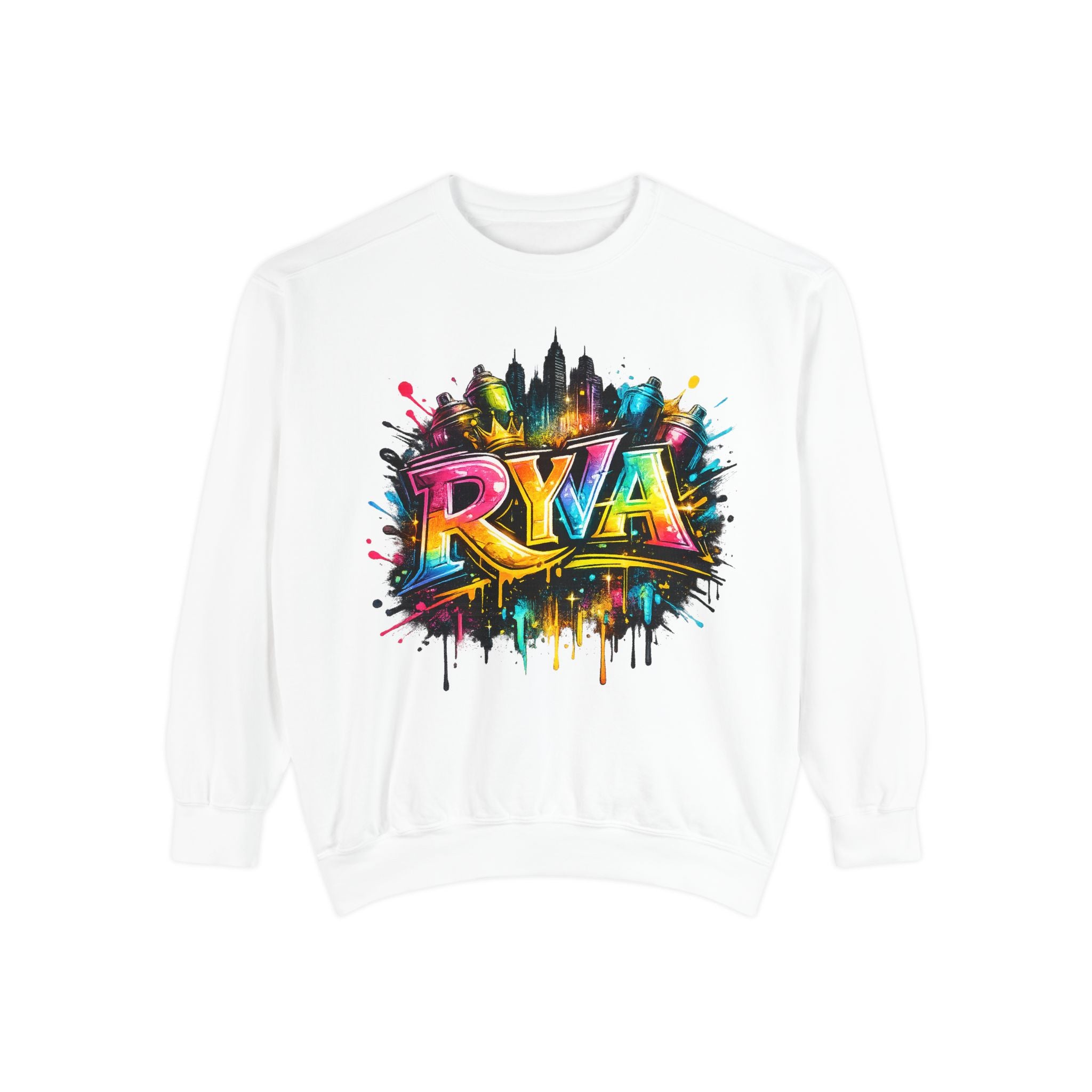 Graffiti Skyline Sweatshirt — Colorful "RYA" Urban Streetwear Crewneck