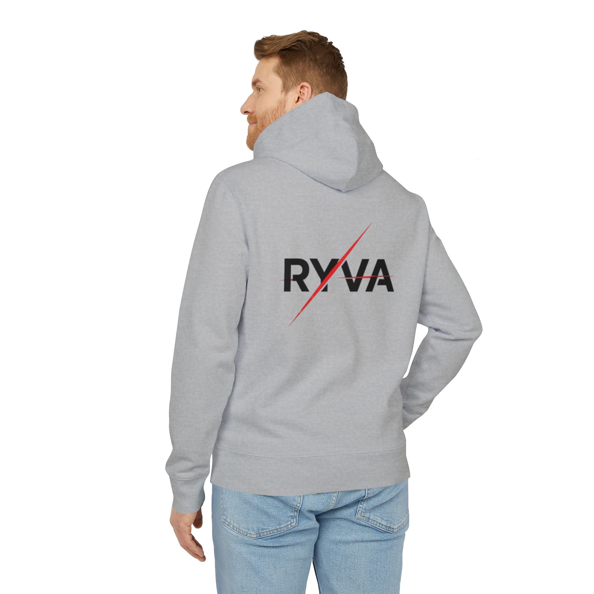 Ryva Logo Hoodie — Minimalist White Pullover with Front Emblem & Back Lightning Wordmark