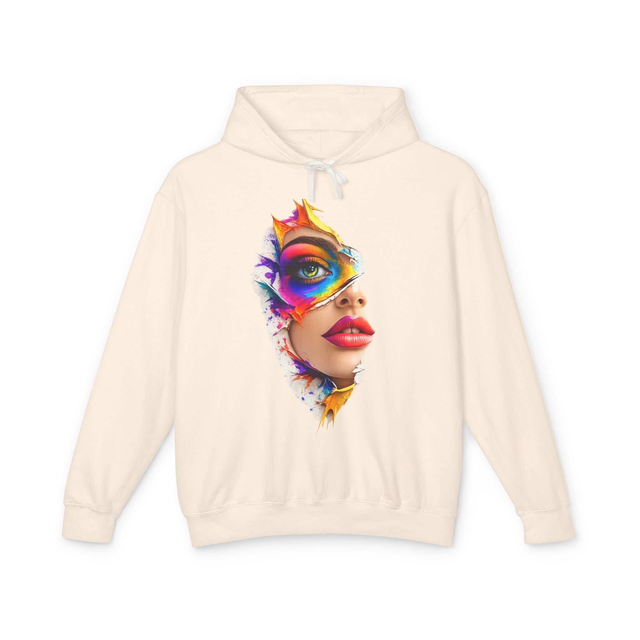 Colorful Masked Woman Art Hoodie — Vibrant Abstract Face Print