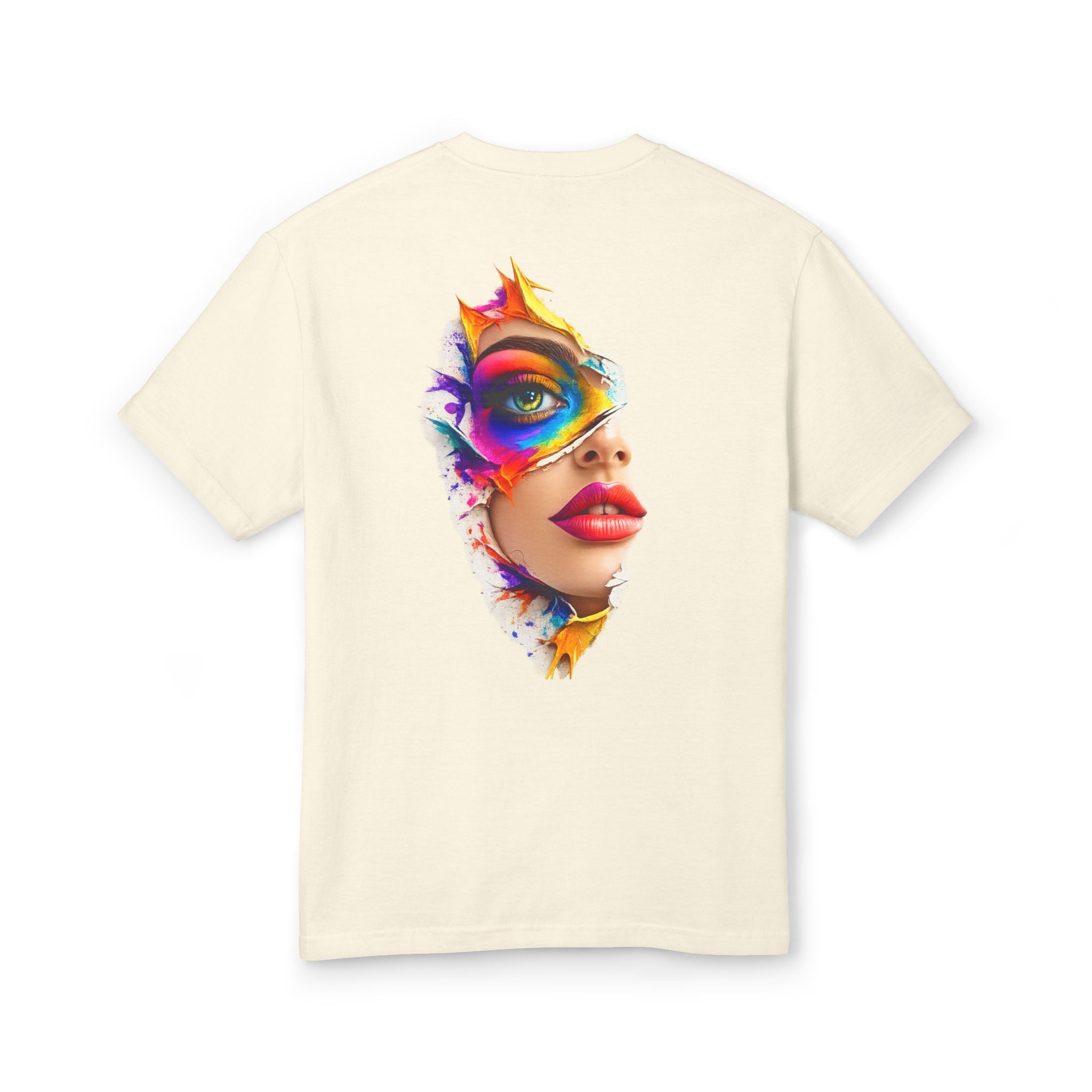 Artistic Masked Face Graphic Tee — Colorful Women's Portrait T-Shirt