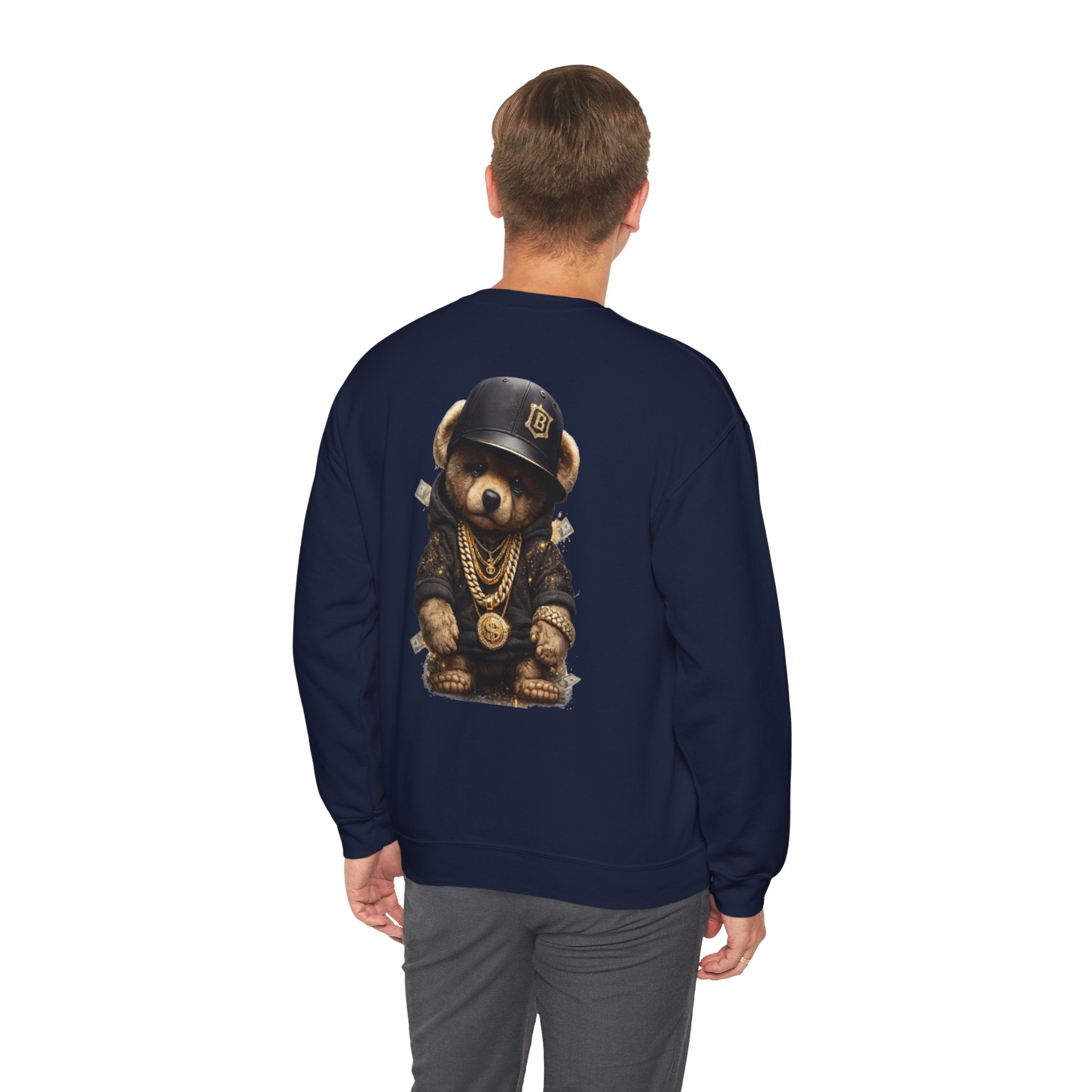 Crewneck Sweatshirt — Teddy Bear Streetwear Graphic (Gold Chains & Cap)