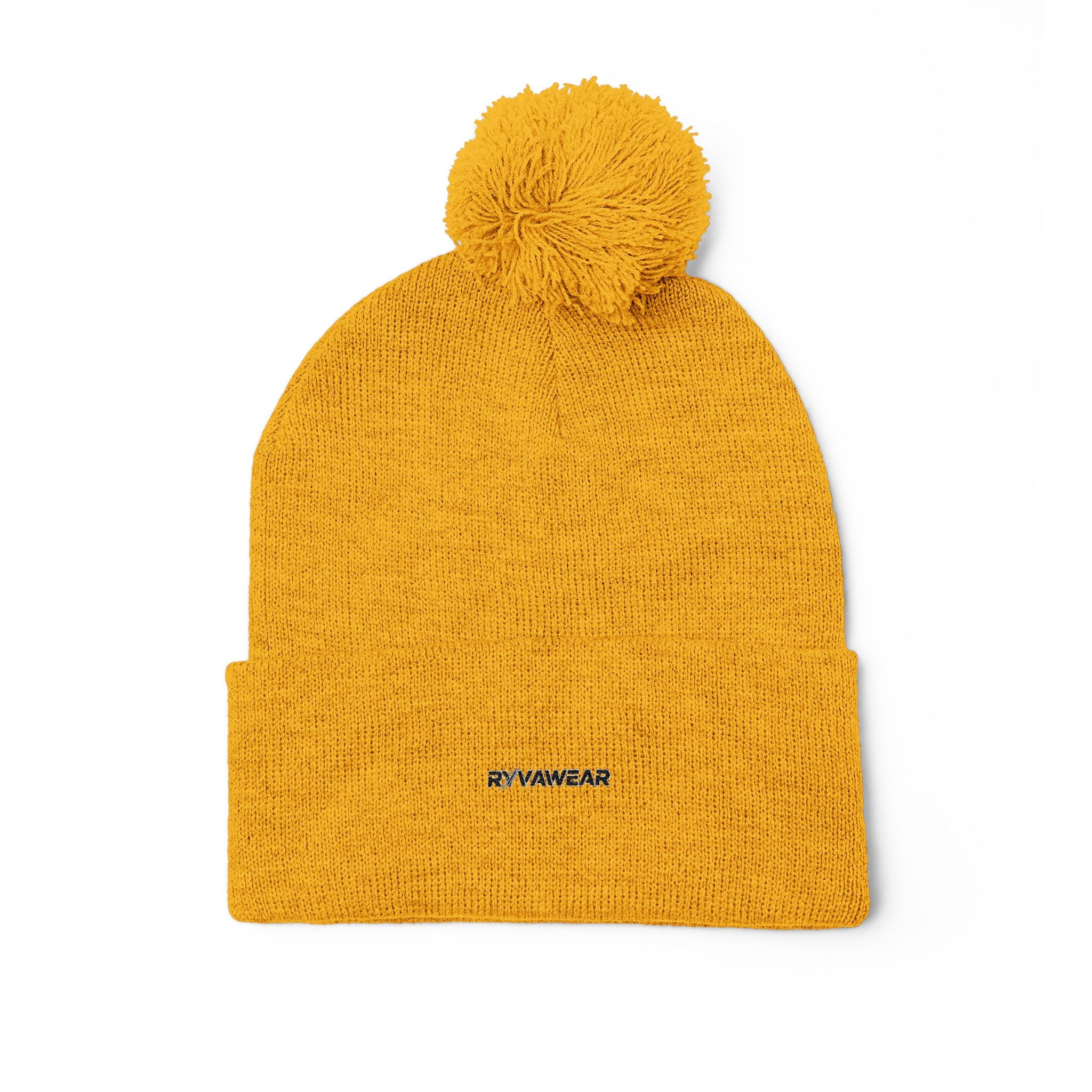 Embroidered Pom-Pom Knit Cap — Cozy Winter Beanie with Fold-Over Cuff