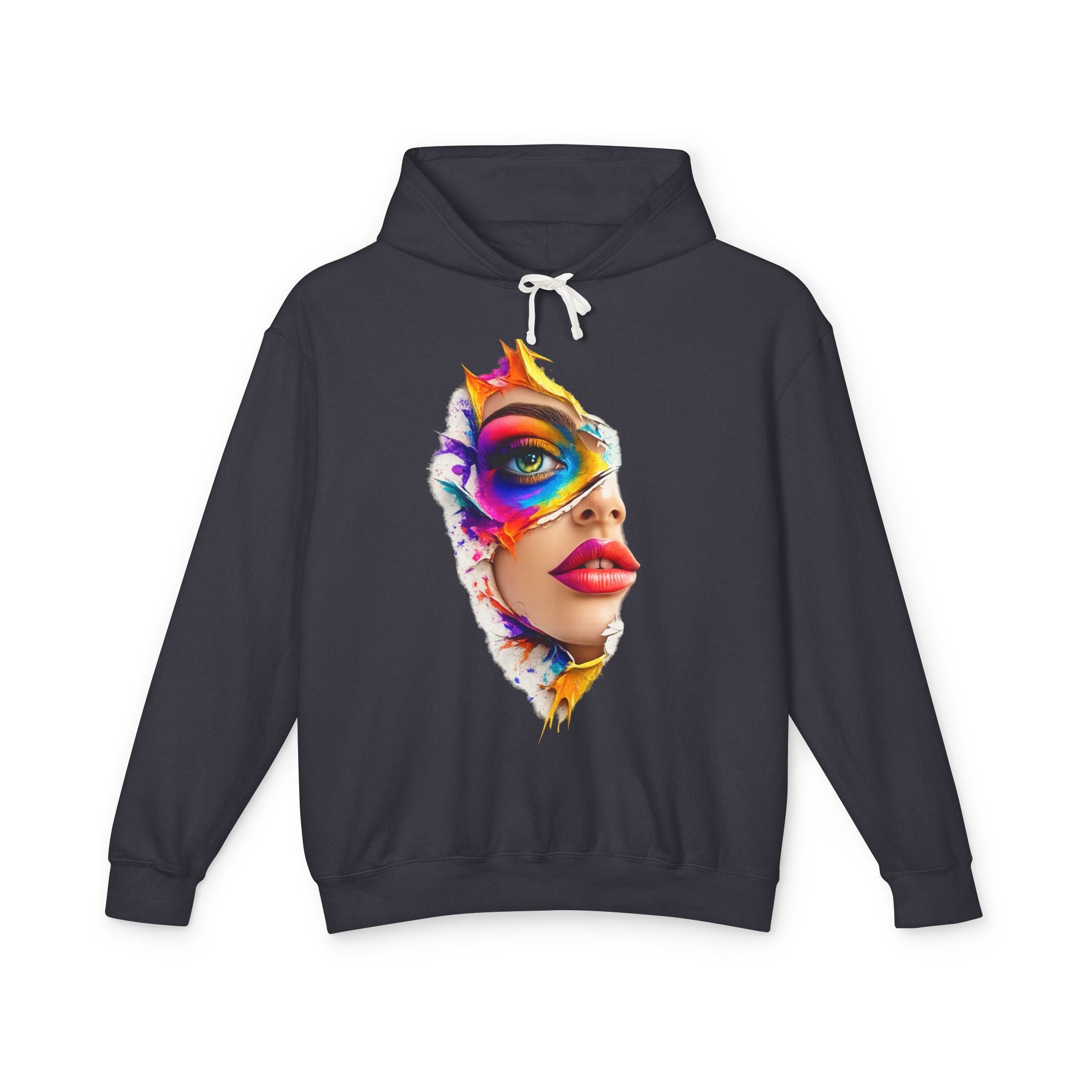Colorful Masked Woman Art Hoodie — Vibrant Abstract Face Print