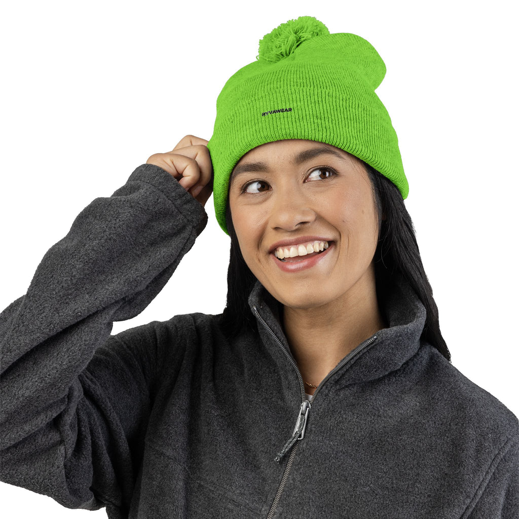 Embroidered Pom-Pom Knit Cap — Cozy Winter Beanie with Fold-Over Cuff