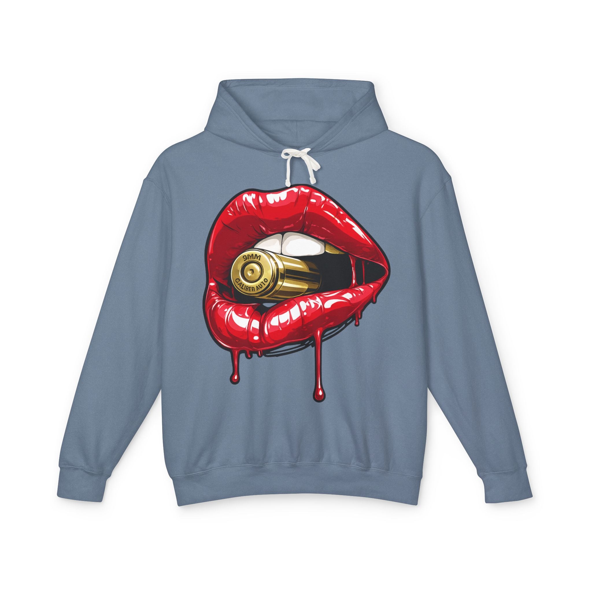 Graphic Hoodie — Red Dripping Lips Holding Bullet Print