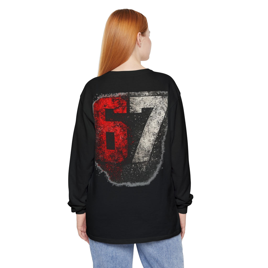 67 Graphic Long Sleeve T-Shirt — Distressed Red & Black Number Backprint