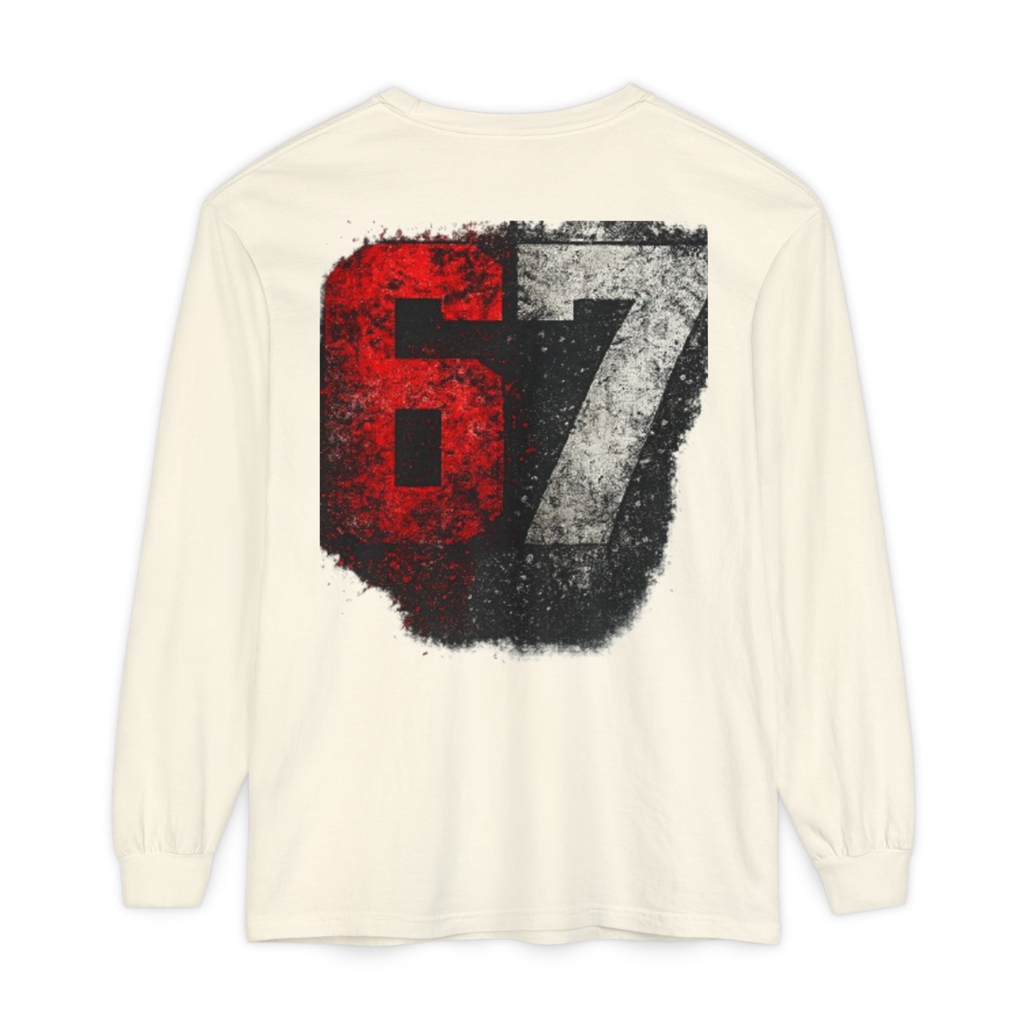 67 Graphic Long Sleeve T-Shirt — Distressed Red & Black Number Backprint