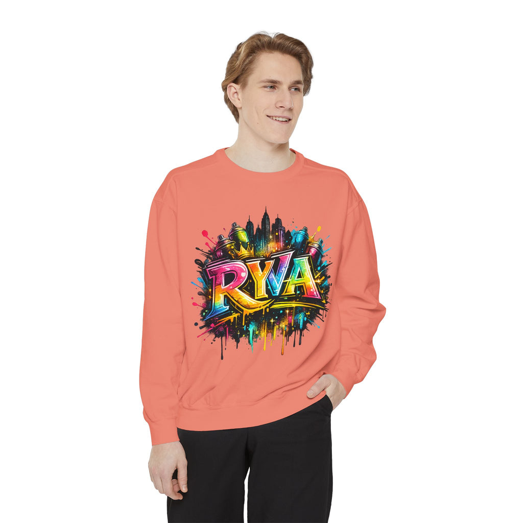 Graffiti Skyline Sweatshirt — Colorful "RYA" Urban Streetwear Crewneck