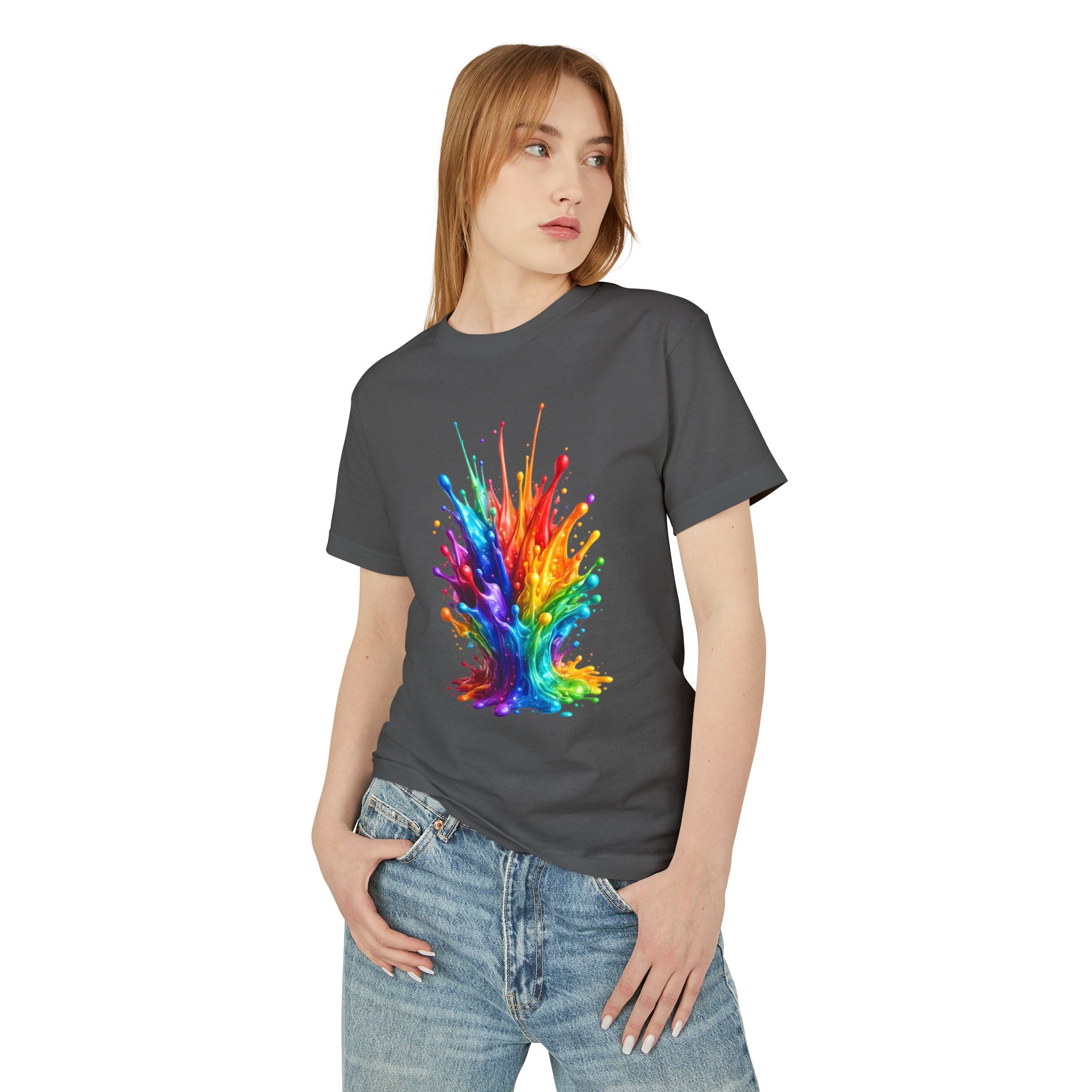 Rainbow Paint Splash T-Shirt — Vibrant Abstract Art Tee