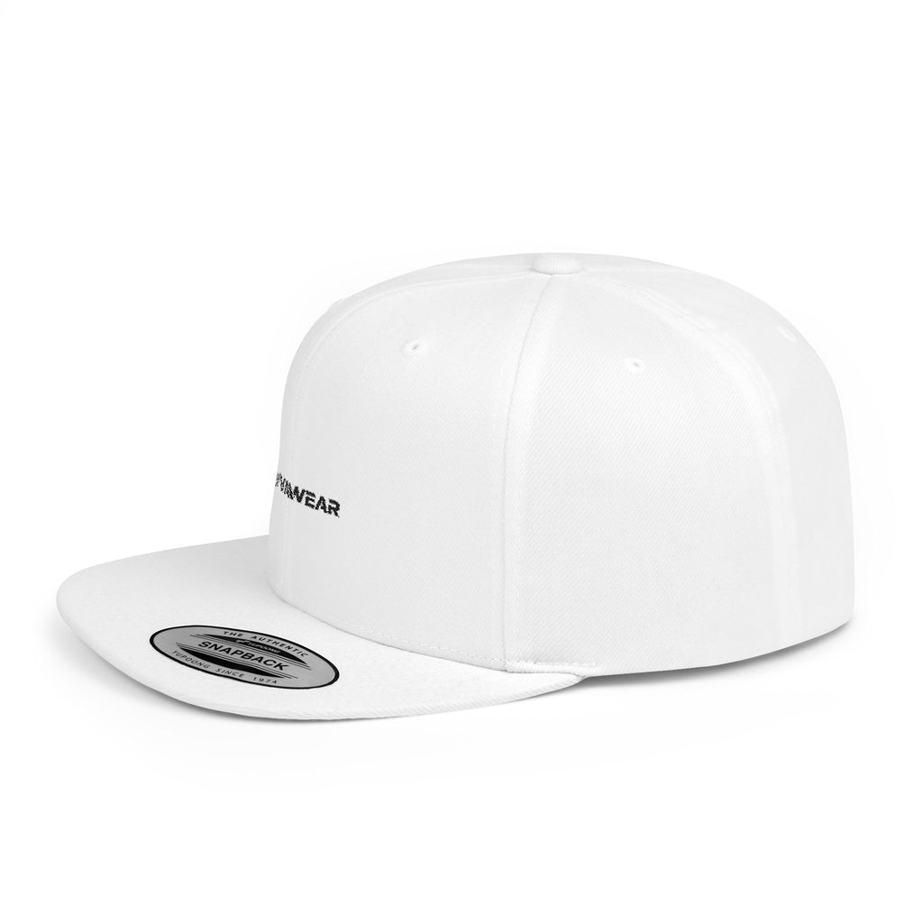 White Flat Bill Snapback Hat with Minimal Text Patch - 'RYVANTAR'