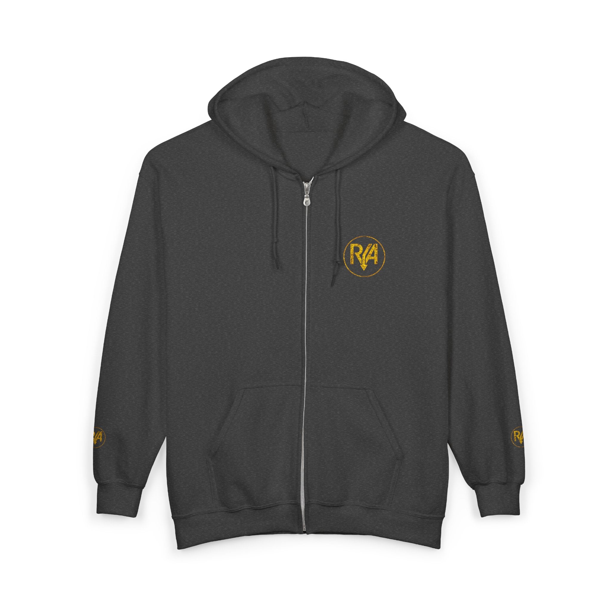Hustle Logo Zip Hoodie — Vintage Gold 'Hustle' Graphic Full-Zip Sweatshirt