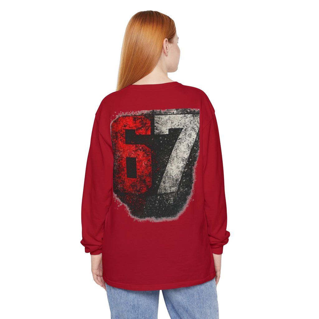 67 Graphic Long Sleeve T-Shirt — Distressed Red & Black Number Backprint