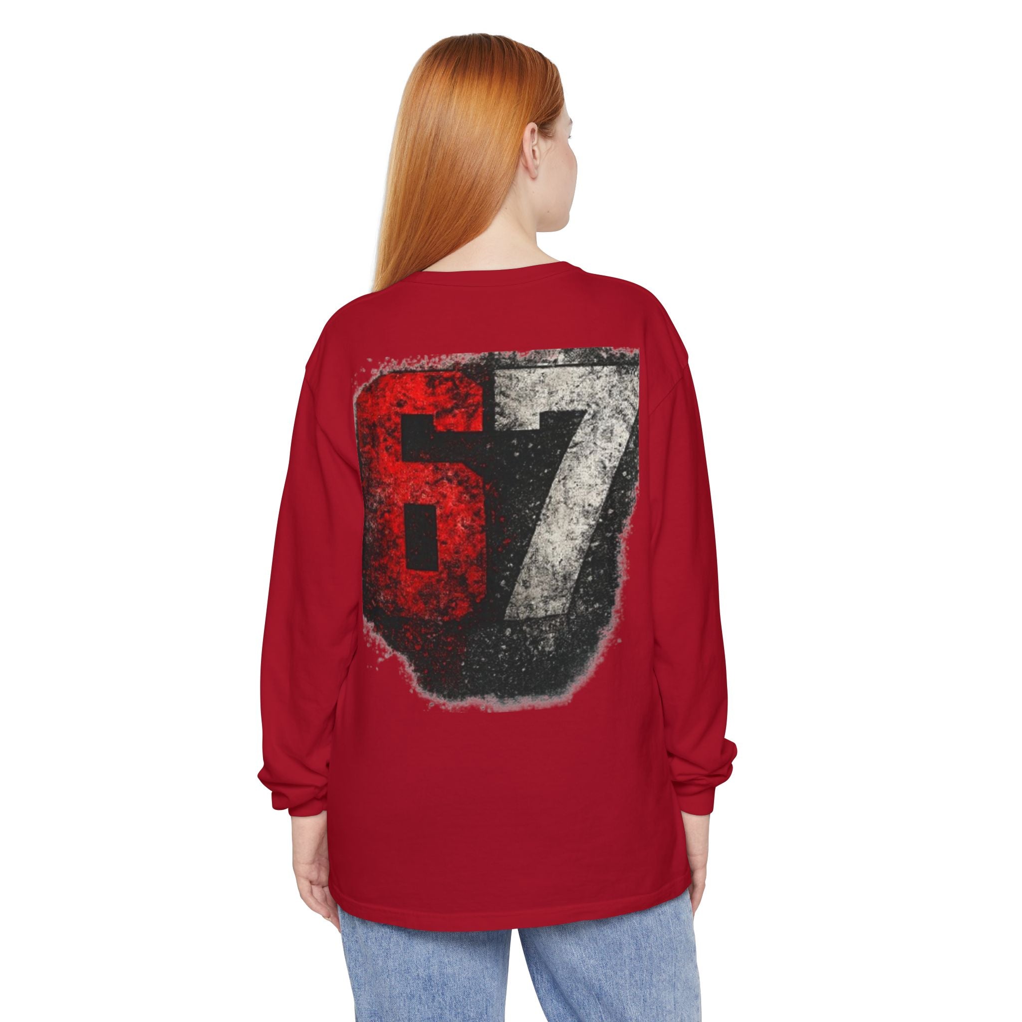 67 Graphic Long Sleeve T-Shirt — Distressed Red & Black Number Backprint