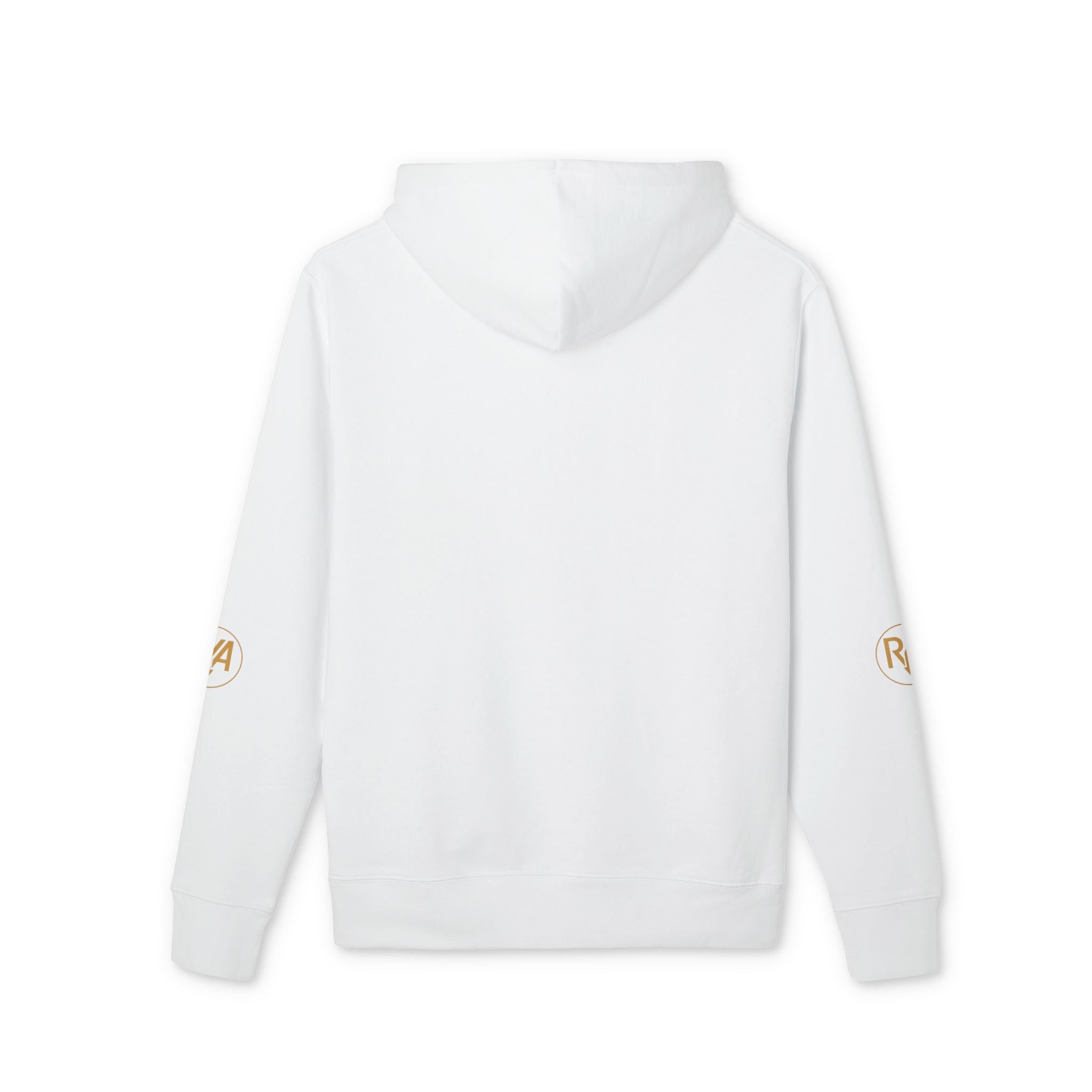 Minimalist Gold Logo Hoodie — White Crew Pullover with R/A Emblem