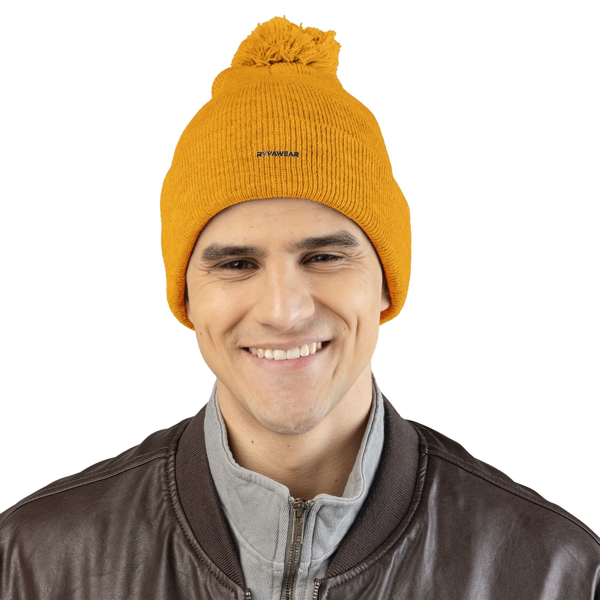 Embroidered Pom-Pom Knit Cap — Cozy Winter Beanie with Fold-Over Cuff