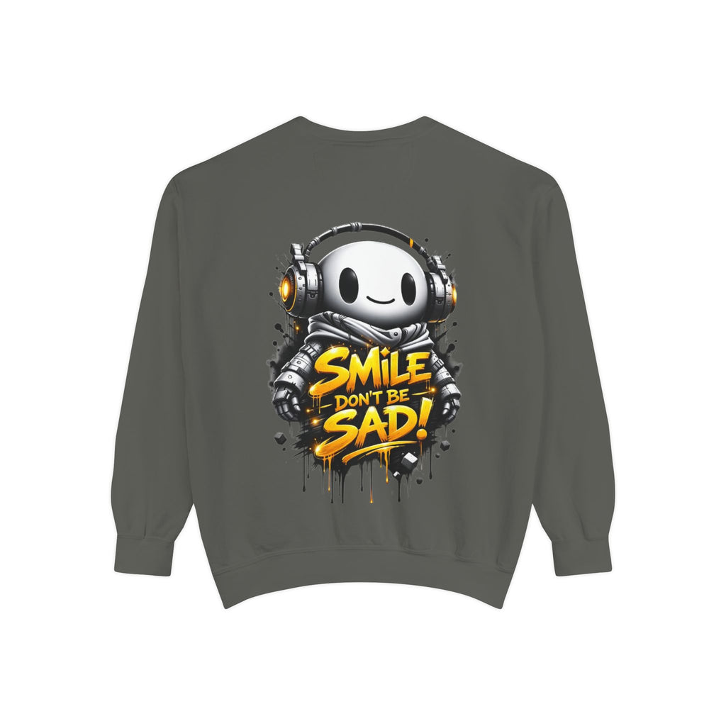 Smile Don't Be Sad Sweatshirt — Cute Headphone Character Graphic Crewneck