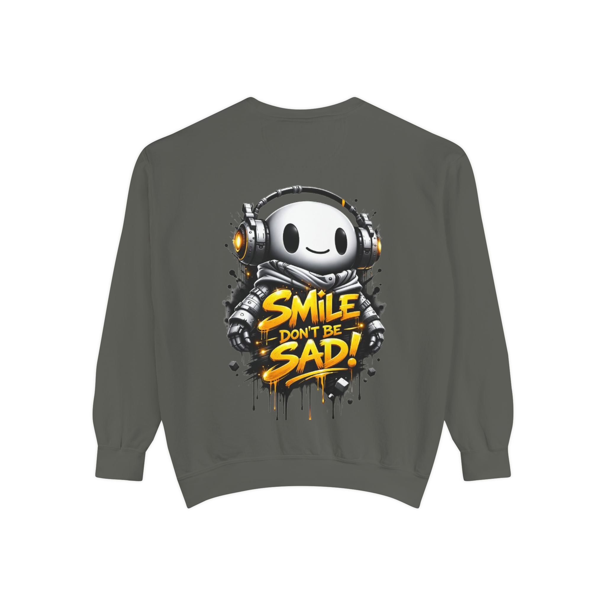Smile Don't Be Sad Sweatshirt — Cute Headphone Character Graphic Crewneck
