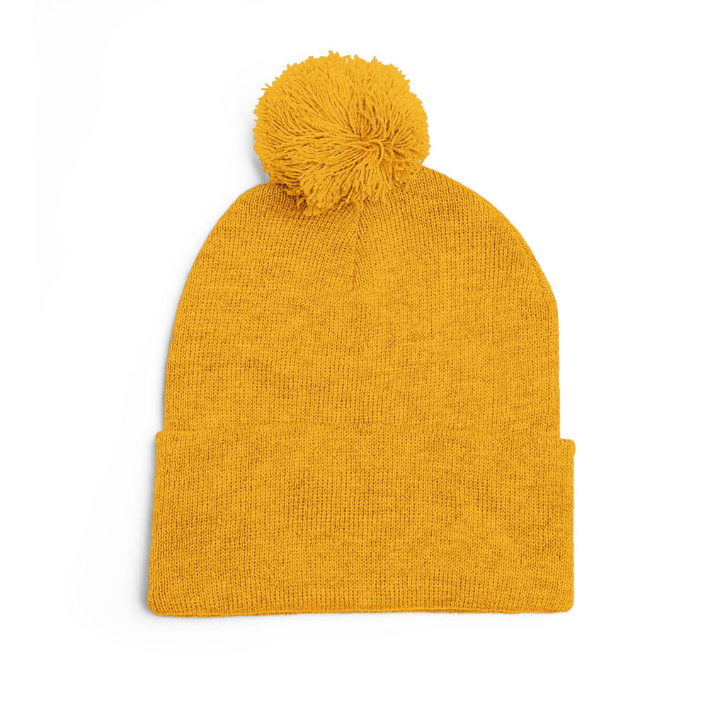 Embroidered Pom-Pom Knit Cap — Cozy Winter Beanie with Fold-Over Cuff