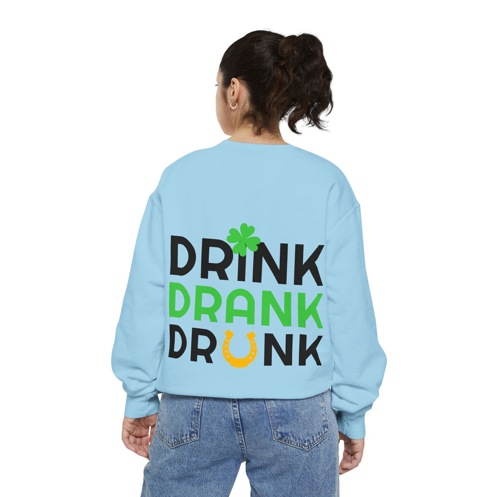 Drink Drank Drunk Sweatshirt — St. Patrick’s Day Shamrock & Horseshoe Crewneck