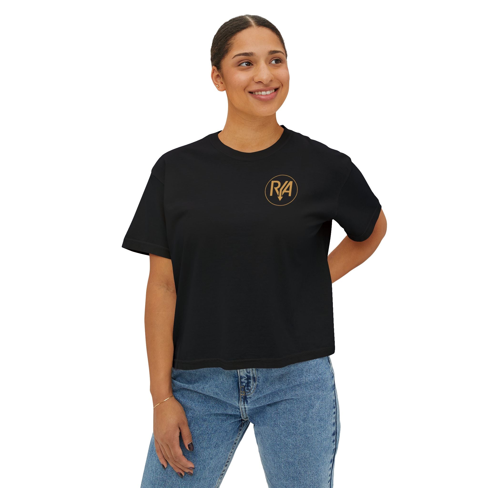Women's Boxy Tee — Minimal Gold Monogram 'R/A' Chest Logo