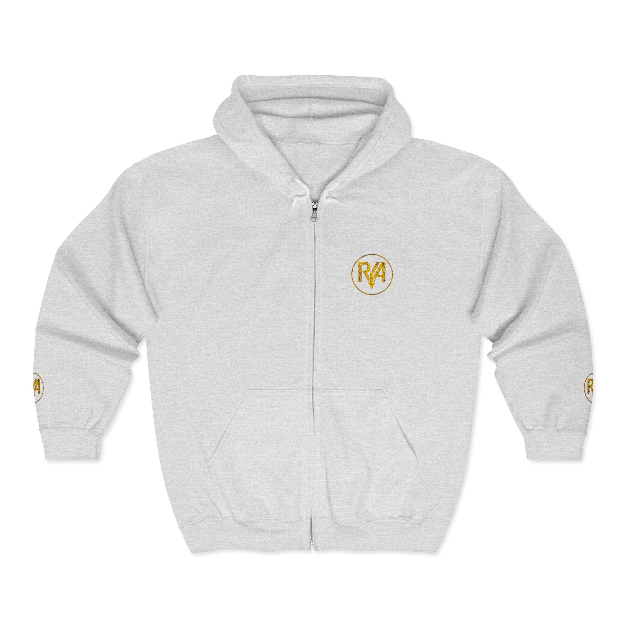 Gold Minimal Logo Zip Hoodie — Small Chest & Sleeve Emblem