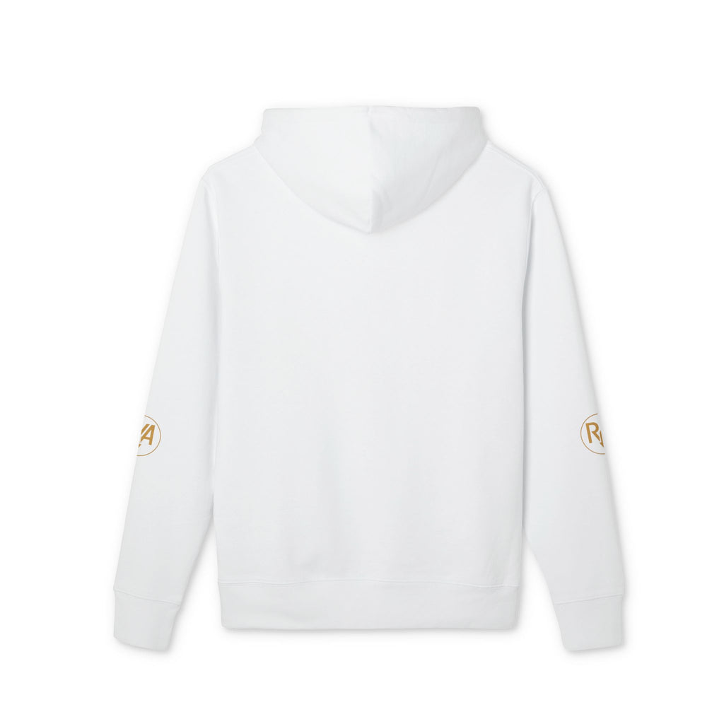 Minimal Gold Logo Hoodie — White Casual Pullover with Subtle Sleeve Emblems
