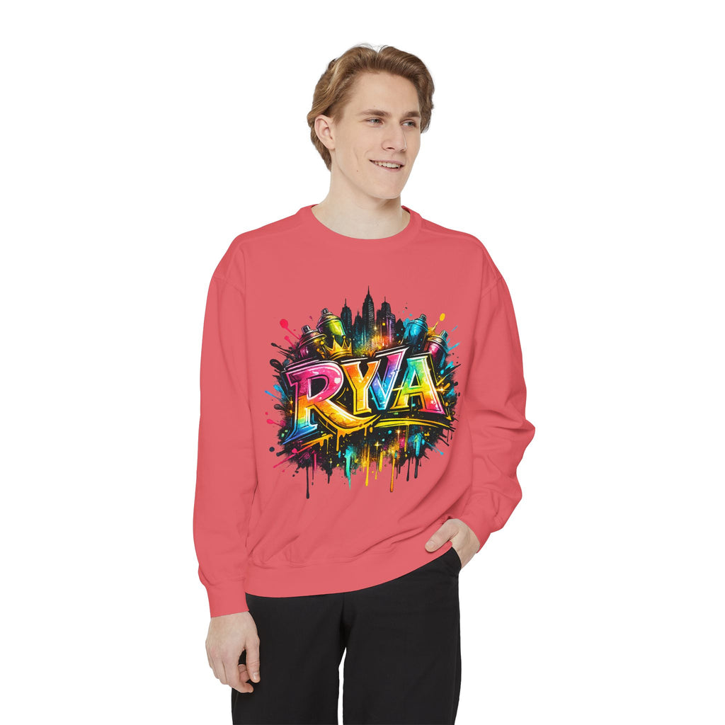 Graffiti Skyline Sweatshirt — Colorful "RYA" Urban Streetwear Crewneck