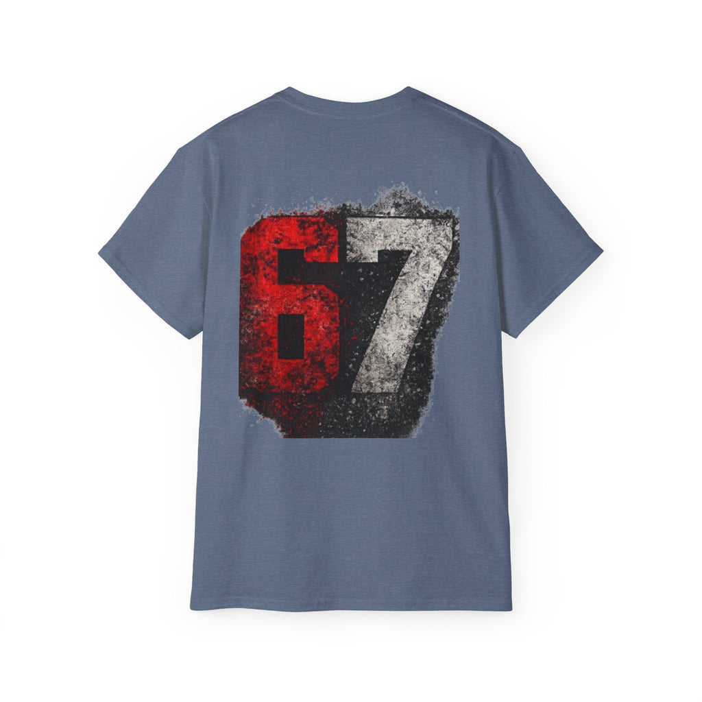 67 Distressed Racing Number Tee — Vintage Red & Gray Graphic T‑Shirt