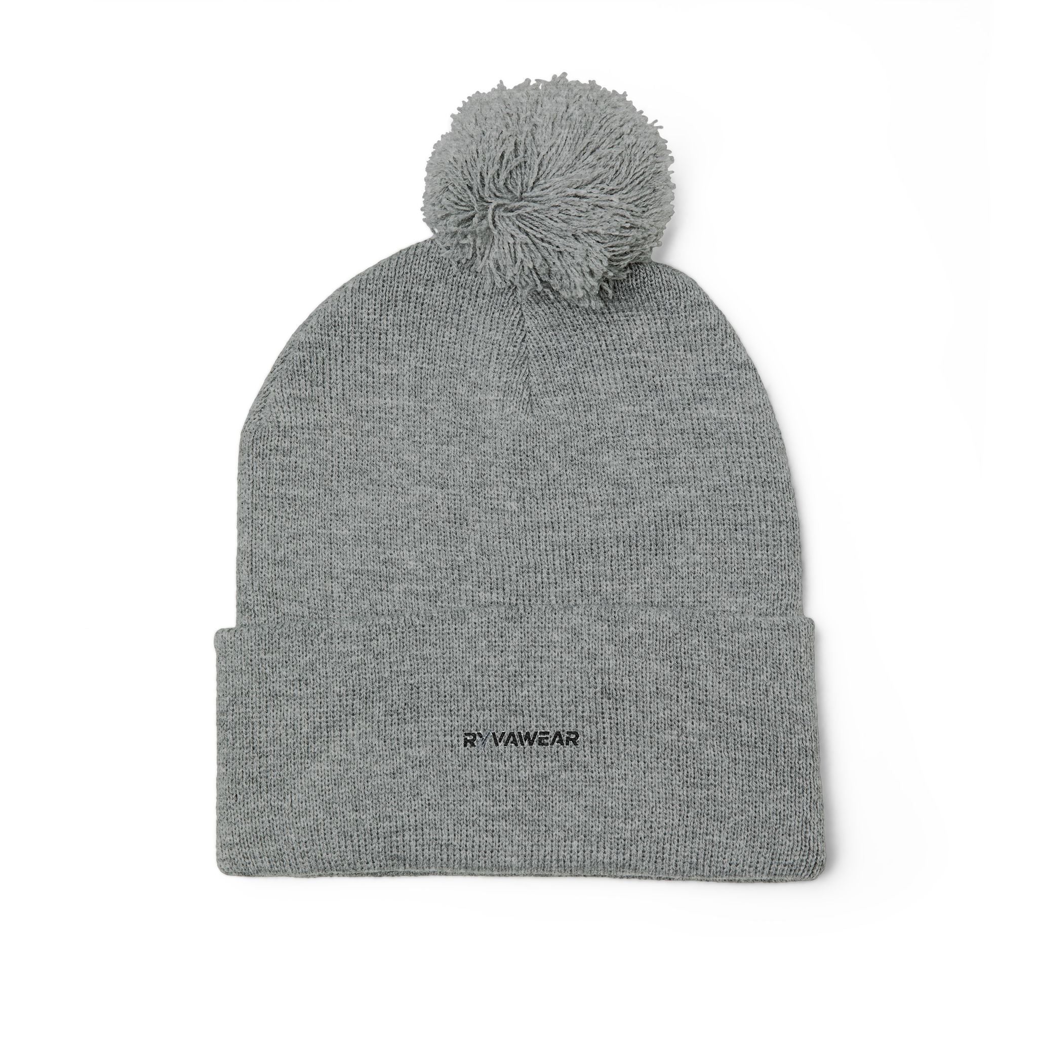 Embroidered Pom-Pom Knit Cap — Cozy Winter Beanie with Fold-Over Cuff