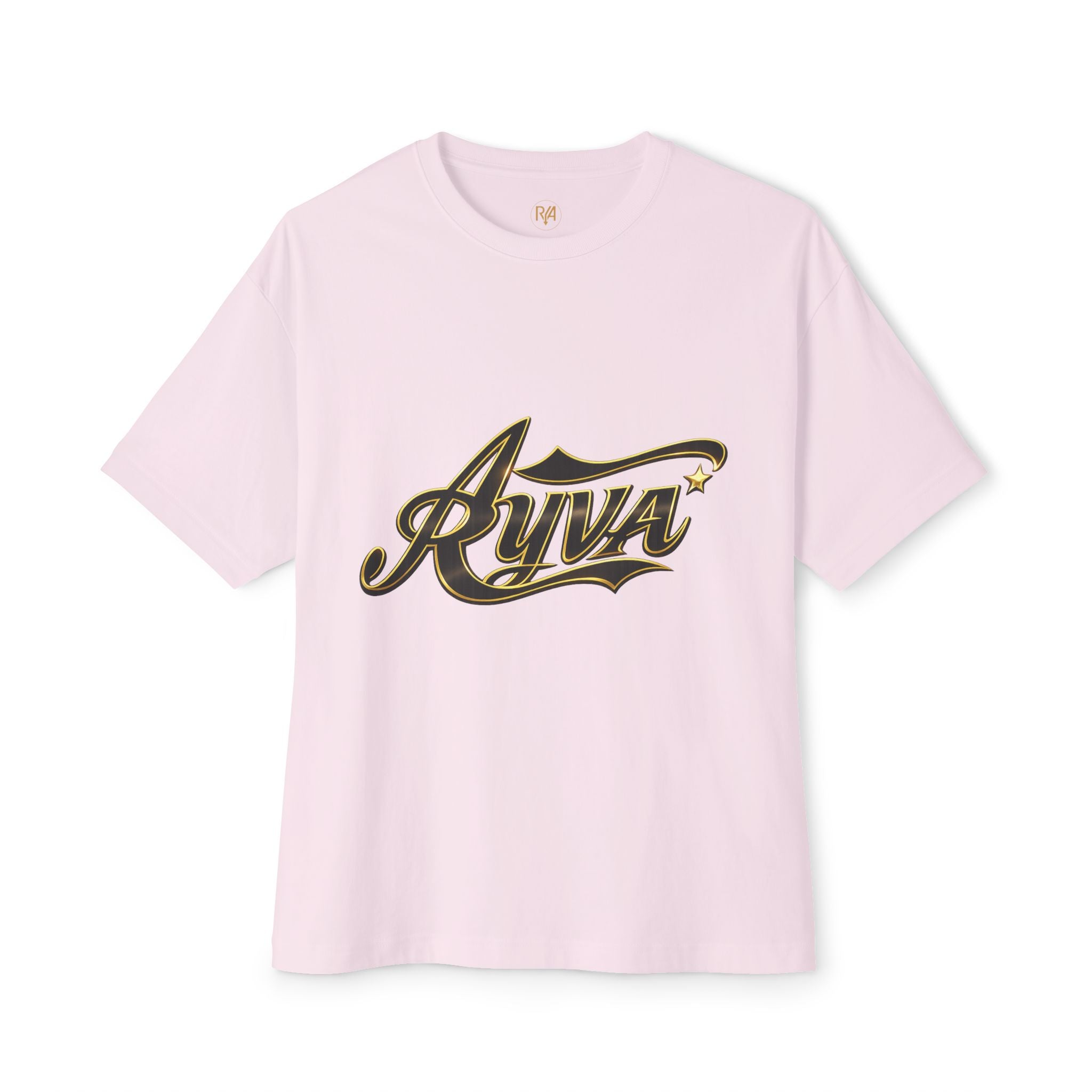 Ayva Script Logo Tee — Oversized Boxy White T‑Shirt with Gold Accent